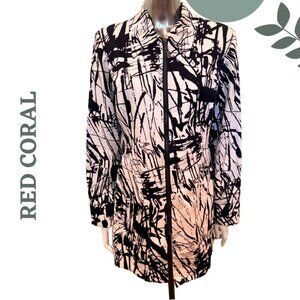 Red Coral Abstract Zip Front Jacket | Longline Lightweight Layer Size Medium